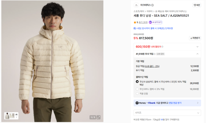 아크테릭스 세륨 후디 씨솔트, 남자 경량 패딩 사이즈 후기 — 사진 3